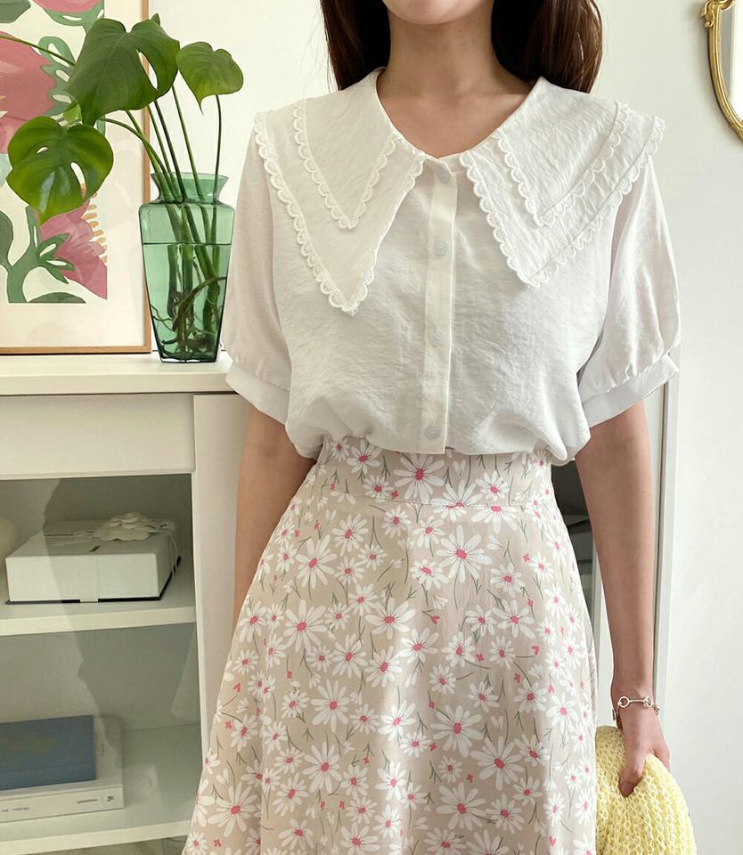 スカラップダブルカラーパフブラウス・全3色・t00666 レディース 【bl】トップス ブラウス 半袖 ハーフスリーブ パフ袖 パフスリーブ 襟コン ガーリー スカラップ レース 大人 ビッグカラー 大きい襟 パステル 水色 春 夏 韓国ファッション