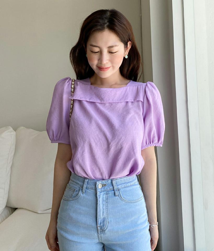 【10%OFF】スクエアパフブラウス・全4色・t00672 レディース 【bl】トップス ブラウス 半袖 ハーフスリーブ パフ袖 パフスリーブ スクエアネック フェミニン きれいめ 単色 無地 襟コン 大人 春 夏 韓国ファッション セール SALE