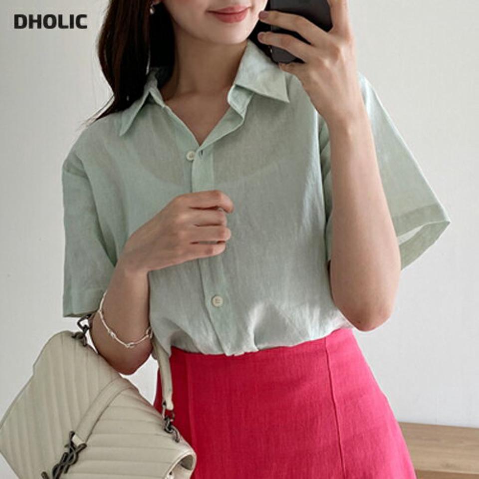 リネン混半袖シャツ・全6色・t00664 レディース 【bl】トップス シャツ 半袖 ハーフスリーブ リネン 単色 無地 シンプル ベーシック 大人 きれいめ オフィスカジュアル アンバランス タック ナチュラル 春 夏 黄緑 韓国ファッション