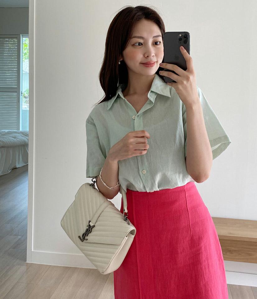 リネン混半袖シャツ・全6色・t00664 レディース 【bl】トップス シャツ 半袖 ハーフスリーブ リネン 単色 無地 シンプル ベーシック 大人 きれいめ オフィスカジュアル アンバランス タック ナチュラル 春 夏 黄緑 韓国ファッション