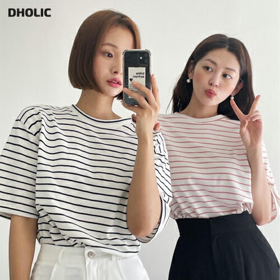 【10%OFF】ボーダー半袖Tシャツ・全5色・t00673 レディース 【tops】トップス Tシャツ 半袖 ハーフスリーブ ボーダー柄 ボーダーT カジュアル ラフ ドロップショルダー ラウンドネック ルーズ 春 夏 韓国ファッション セール SALE