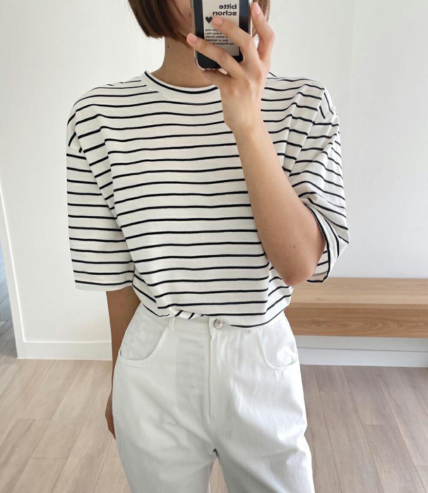 【10%OFF】ボーダー半袖Tシャツ・全5色・t00673 レディース 【tops】トップス Tシャツ 半袖 ハーフスリーブ ボーダー柄 ボーダーT カジュアル ラフ ドロップショルダー ラウンドネック ルーズ 春 夏 韓国ファッション セール SALE