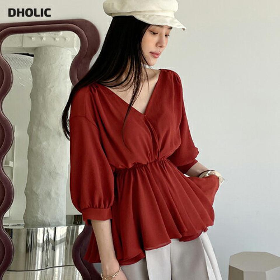 カシュクールペプラムブラウス・全2色・e72334 レディース 【bl】ブラウス トップス 七分丈 7分袖 七分袖 無地 シンプル カシュクール パフスリーブ Vネック デコルテ 春 夏 秋 フェミニン 赤 お腹カバー 韓国ファッション ハイホリHIHOLLI