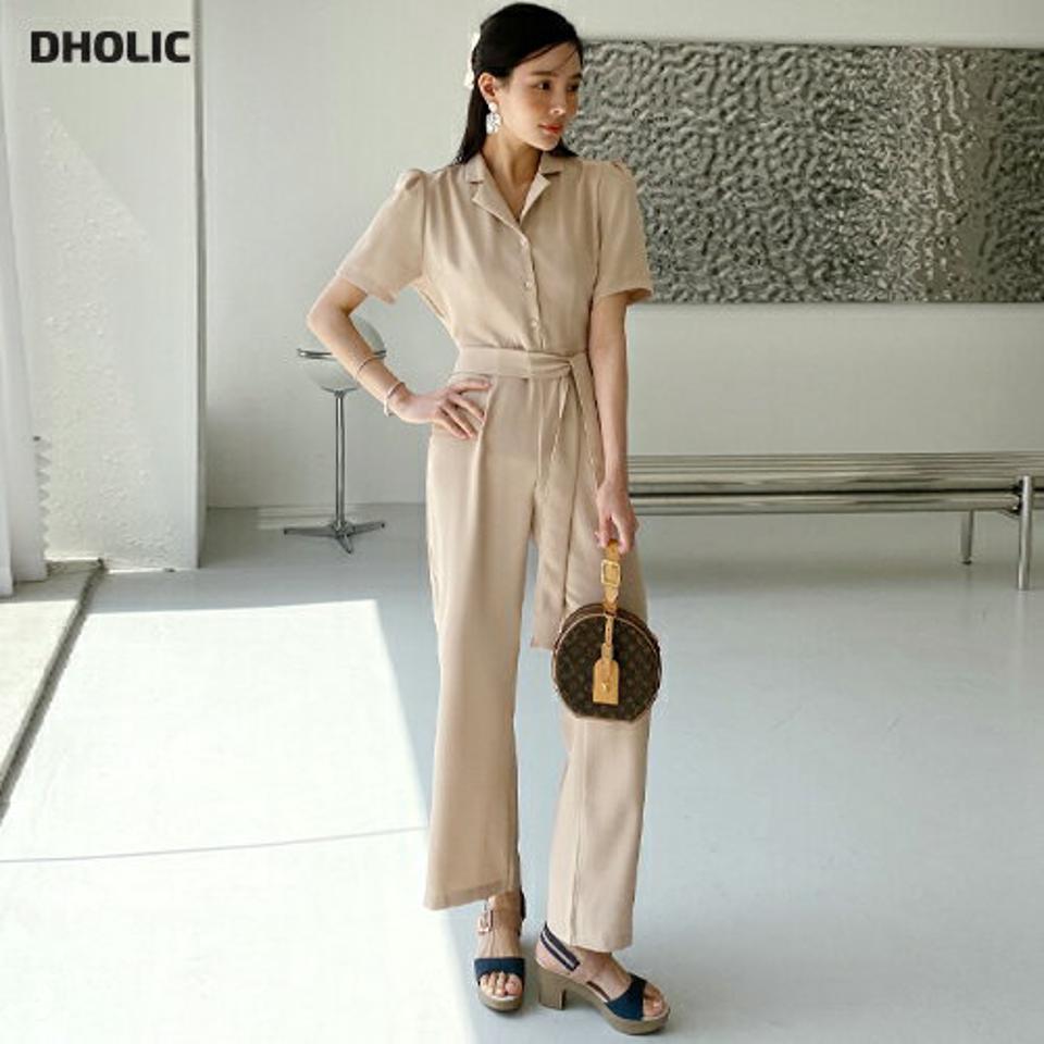 開襟リボンワイドオールインワン・全3色・t72369 レディース 【pt】オールインワン パンツ ロング丈 単色 無地 シンプル ベーシック 半袖 パステル 襟 鎖骨 デコルテ 体型カバー 春 夏 大人っぽ ベージュ 韓国ファッション ハイホリHIHOLLI