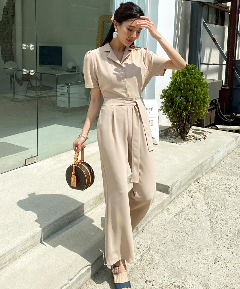 開襟リボンワイドオールインワン・全3色・t72369 レディース 【pt】オールインワン パンツ ロング丈 単色 無地 シンプル ベーシック 半袖 パステル 襟 鎖骨 デコルテ 体型カバー 春 夏 大人っぽ ベージュ 韓国ファッション ハイホリHIHOLLI