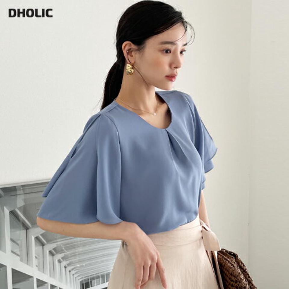 【10%OFF】スリットレイヤードスリーブブラウス・全3色・t72335 レディース 【bl】ブラウス トップス 半袖 単色 無地 シンプル パステル 二の腕カバー 春 夏 上品 オフィスカジュアル 大人っぽ フェミニン きれいめ 青 韓国ファッション ハイホリHIHOLLI セール SALE