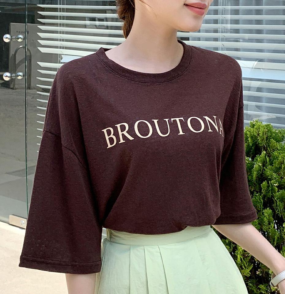 【10%OFF】リネン混BROUTONAロゴTシャツ・全4色・t72348 レディース 【tops】Tシャツ トップス 半袖 リネン混 ロゴT ロゴ レタリング ゆったり 楽ちん ルーズ 体型カバー ラフ 春 夏 カジュアル ベージュ 韓国ファッション ハイホリHIHOLLI 半Tセール