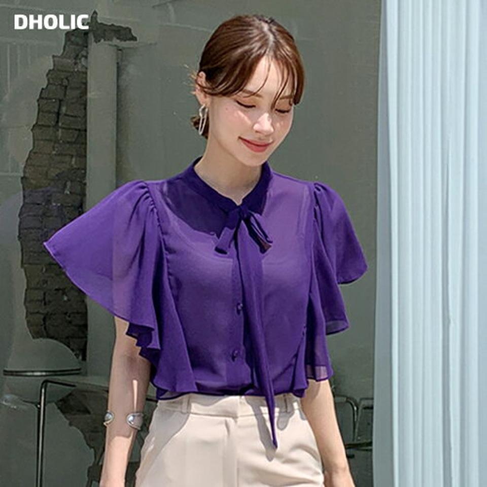 【10%OFF】リボンフリルブラウス・全3色・b72340 レディース 【bl】ブラウス トップス 半袖 単色 無地 シンプル りぼん フリル 二の腕カバー 体型カバー オフィスカジュアル 透け感 サー 春 夏 シフォン フェミニン 上品 紫 韓国ファッション ハイホリHIHOLLI セール SALE