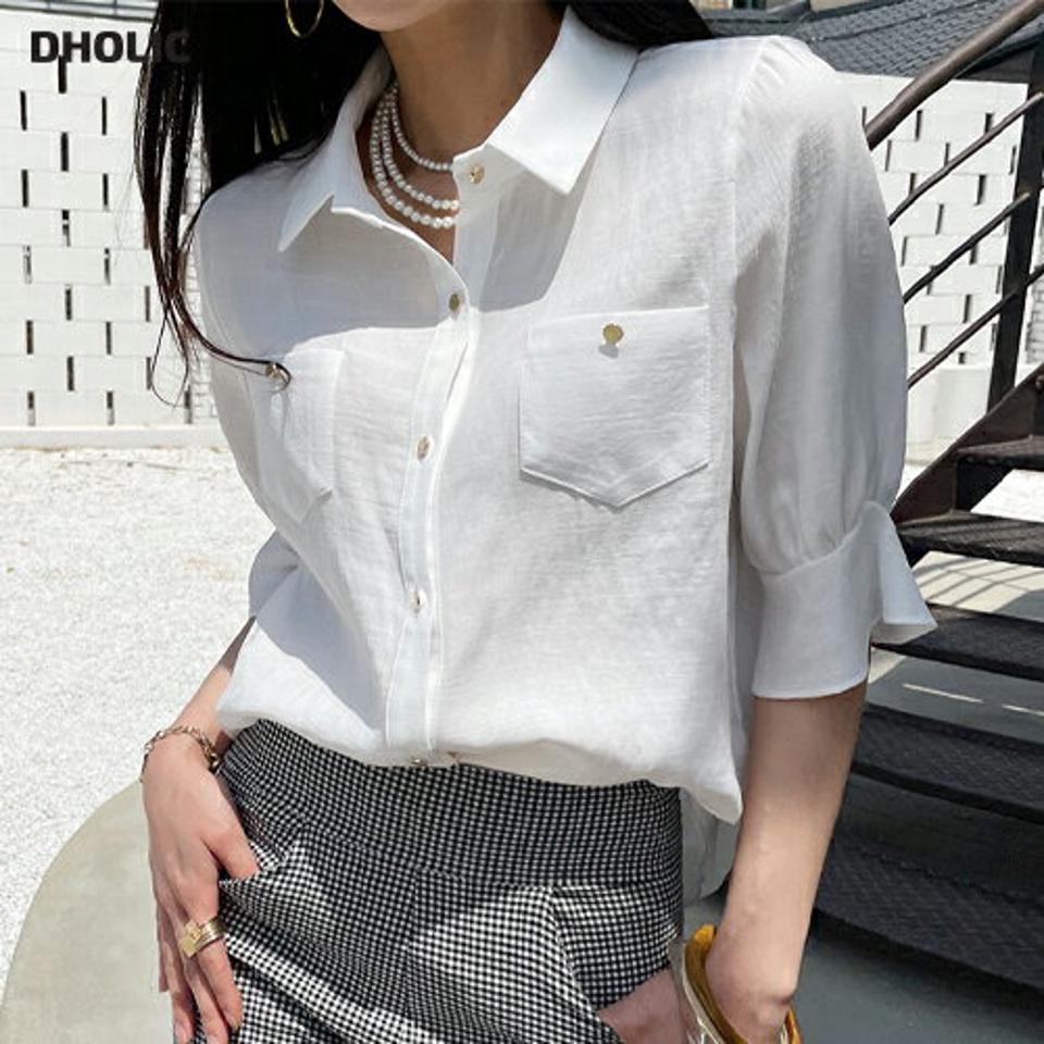 【10%OFF】ボタンカラーパフブラウス・全4色・t72416 レディース 【bl】ブラウス トップス 無地 シンプル 七分丈 七分袖 7分丈 7分袖 ボタン 襟 ベーシック 春 夏 爽やか ベーシック 大人っぽ きれいめ オフィスカジュアル 韓国ファッション ハイホリHIHOLLI セール SALE