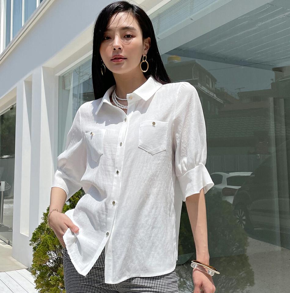 【10%OFF】ボタンカラーパフブラウス・全4色・t72416 レディース 【bl】ブラウス トップス 無地 シンプル 七分丈 七分袖 7分丈 7分袖 ボタン 襟 ベーシック 春 夏 爽やか ベーシック 大人っぽ きれいめ オフィスカジュアル 韓国ファッション ハイホリHIHOLLI セール SALE