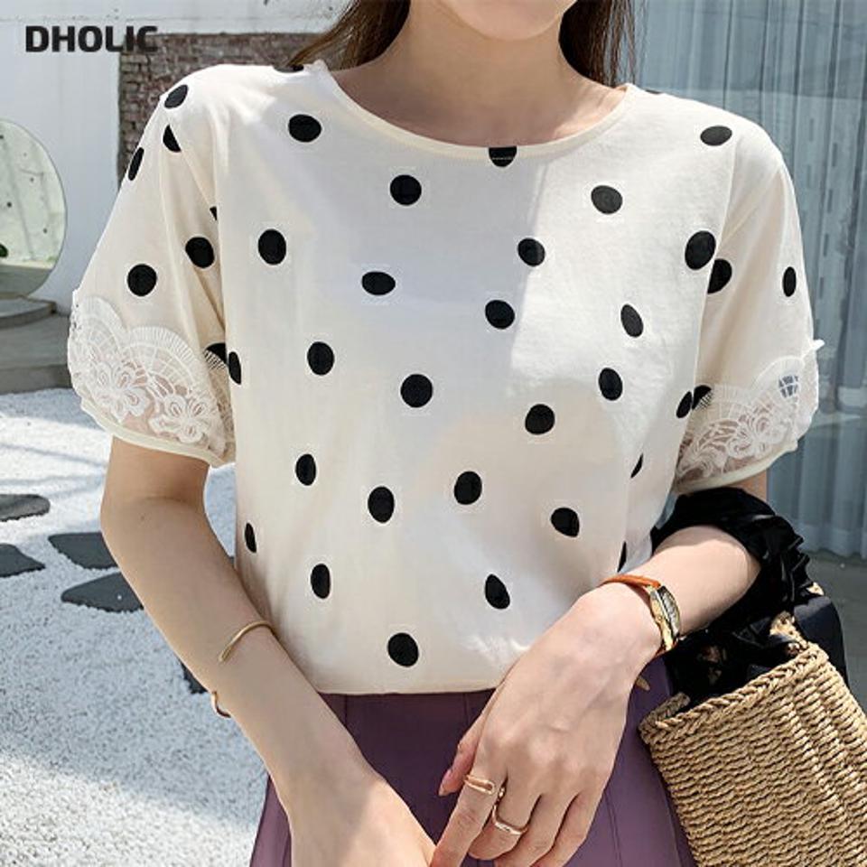 ドットレーススリーブブラウス・全2色・b72345 レディース 【bl】ブラウス トップス 半袖 柄 模様 ドット レース 異素材 パフスリーブ パフ袖 春 夏 綿 コットン モノトーン ガーリー フェミニン かわいい 可愛い 韓国ファッション ハイホリHIHOLLI
