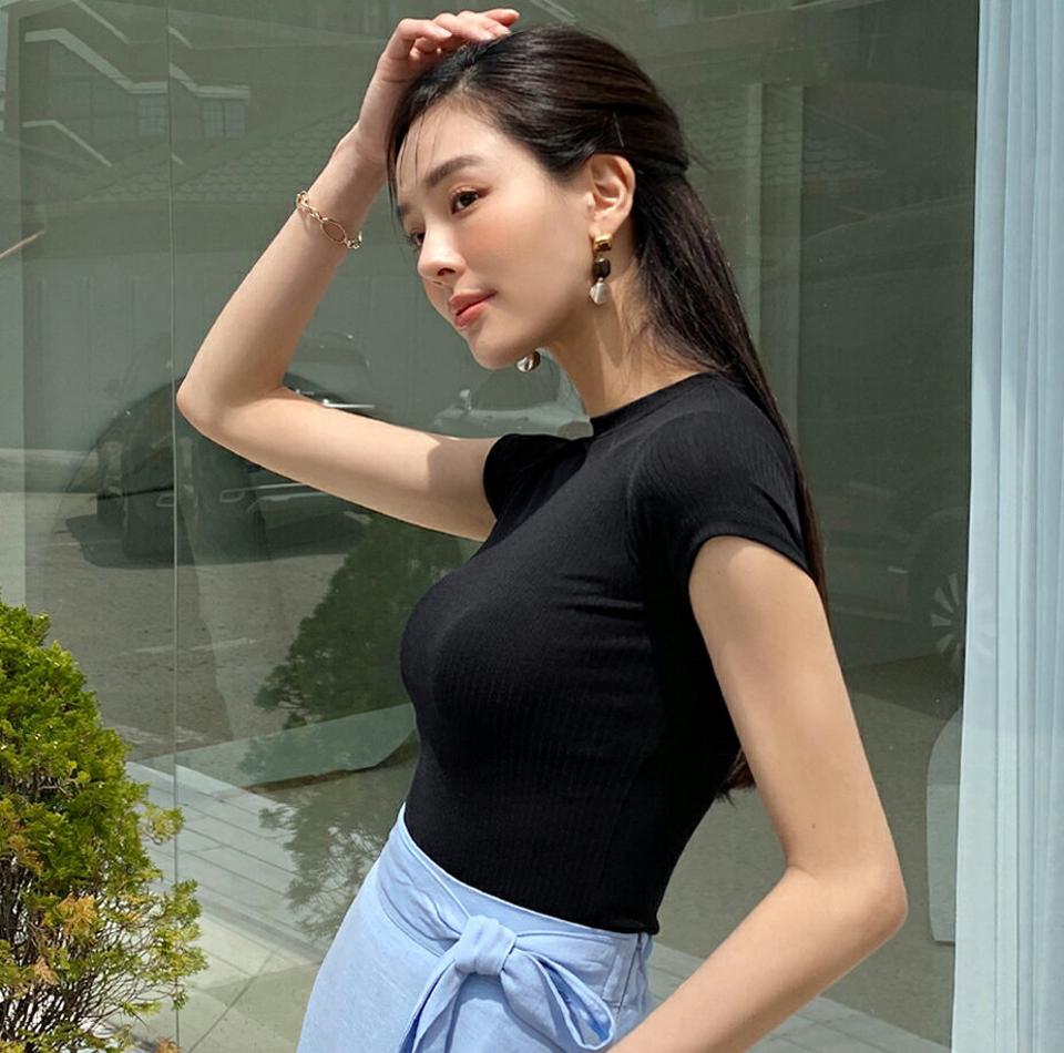 【10%OFF】リブショートスリーブTシャツ・全4色・t72346 レディース 【tops】トップス Tシャツ 半袖 ショートスリーブ リブ フレンチスリーブ スリム 細身 クロップド丈 単色 無地 シンプル ベーシック ピンク 春 夏 カジュアル 韓国ファッション ハイホリHIHOLLI 半Tセール
