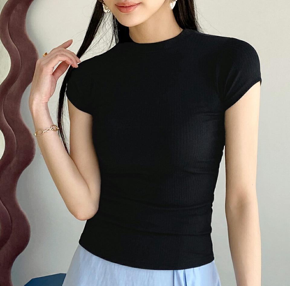 【10%OFF】リブショートスリーブTシャツ・全4色・t72346 レディース 【tops】トップス Tシャツ 半袖 ショートスリーブ リブ フレンチスリーブ スリム 細身 クロップド丈 単色 無地 シンプル ベーシック ピンク 春 夏 カジュアル 韓国ファッション ハイホリHIHOLLI 半Tセール