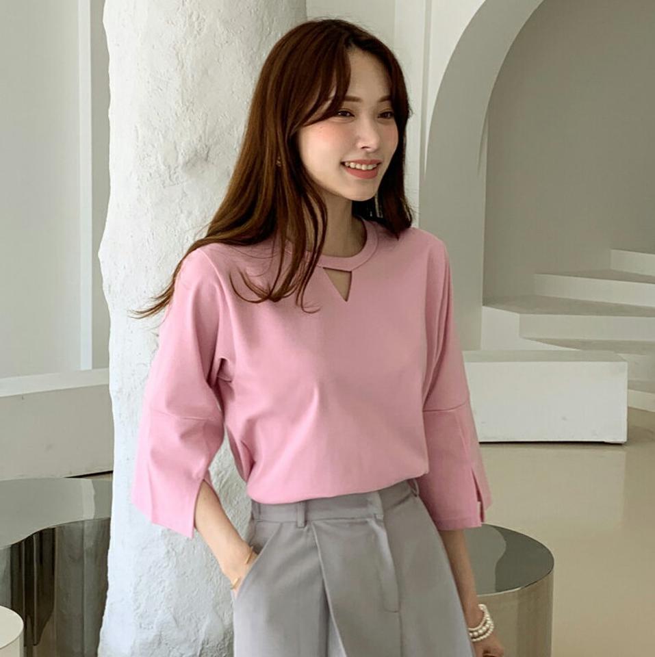 7分袖スリットTシャツ・全3色・b72347 レディース 【tops】トップス Tシャツ 7分袖 七分袖 七分丈 7分丈 単色 無地 シンプル ベーシック スリット ユニーク ゆったり 春 夏 きれいめ 大人っぽ 上品 韓国ファッション ハイホリHIHOLLI