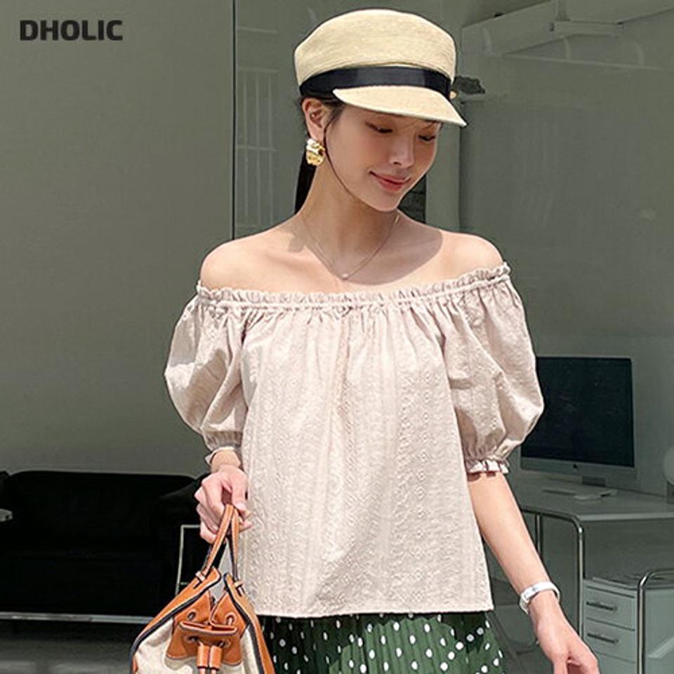 2WAYアイレットレースブラウス・全4色・t72343 レディース 【bl】ブラウス トップス 柄 模様 半袖 シンプル 2WAY 鎖骨 デコルテ パステル レース 二の腕カバー 綿 コットン 春 夏 フェミニン ガーリー かわいい 韓国ファッション ハイホリHIHOLLI