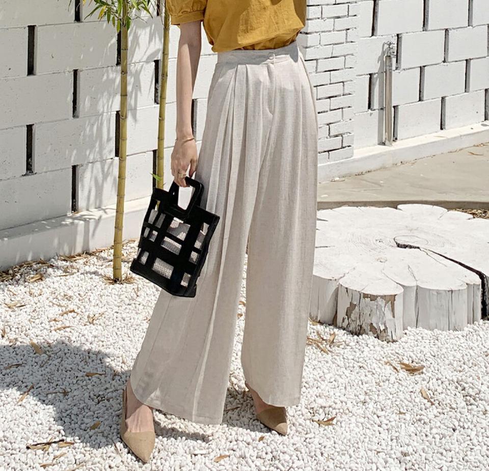 リネン混タックスラックス・全3色・t72355 レディース 【pt】スラックス パンツ ロング丈 単色 無地 シンプル ベーシック リネン混 オフィスカジュアル 脚長 ハイウエスト 春 夏 カジュアル 大人っぽ きれいめ 韓国ファッション ハイホリHIHOLLI