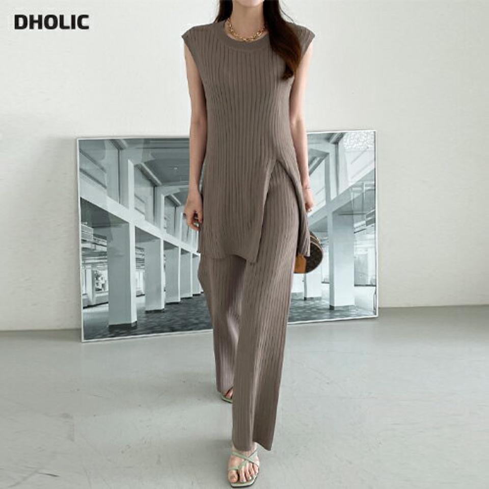 リブスリットフレンチスリーブニット&ワイドパンツSET・全3色・b72353 レディース 【pt】セット セットアップ setup 単色 ニット リブ ベーシック シンプル フレンチスリーブ パンツ ロング丈 春 夏 カジュアル 韓国ファッション ハイホリHIHOLLI