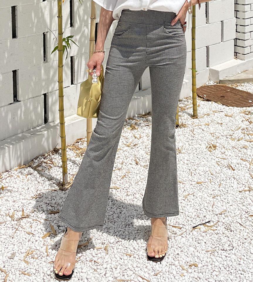 チェックフレアパンツ・全1色・t72357 レディース 【pt】パンツ ロング丈 柄 模様 チェック ギンガムチェック フレア タイト 細身 ハイウエスト 春 夏 フェミニン ガーリー 可愛い かわいい 韓国ファッション ハイホリHIHOLLI