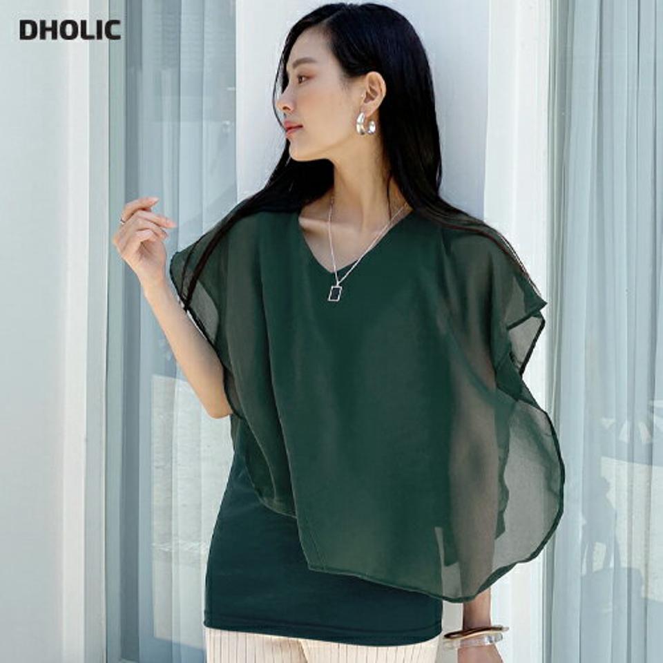 フレンチスリーブブラウス・全6色・t72336 レディース 【bl】ブラウス トップス 単色 無地 シンプル フレンチスリーブ 半袖 二の腕カバー Vネック 鎖骨 デコルテ 大人っぽ 体型カバー 異素材 春 夏 緑 きれいめ 韓国ファッション ハイホリHIHOLLI