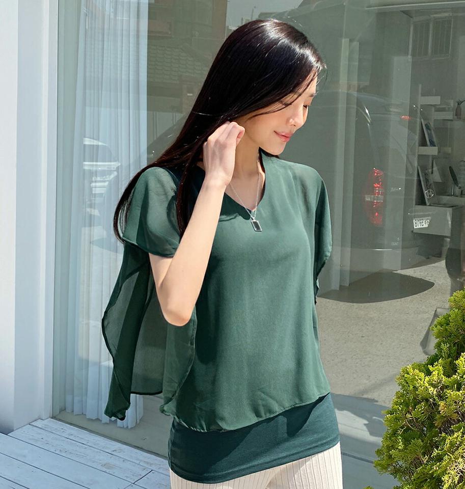 フレンチスリーブブラウス・全6色・t72336 レディース 【bl】ブラウス トップス 単色 無地 シンプル フレンチスリーブ 半袖 二の腕カバー Vネック 鎖骨 デコルテ 大人っぽ 体型カバー 異素材 春 夏 緑 きれいめ 韓国ファッション ハイホリHIHOLLI