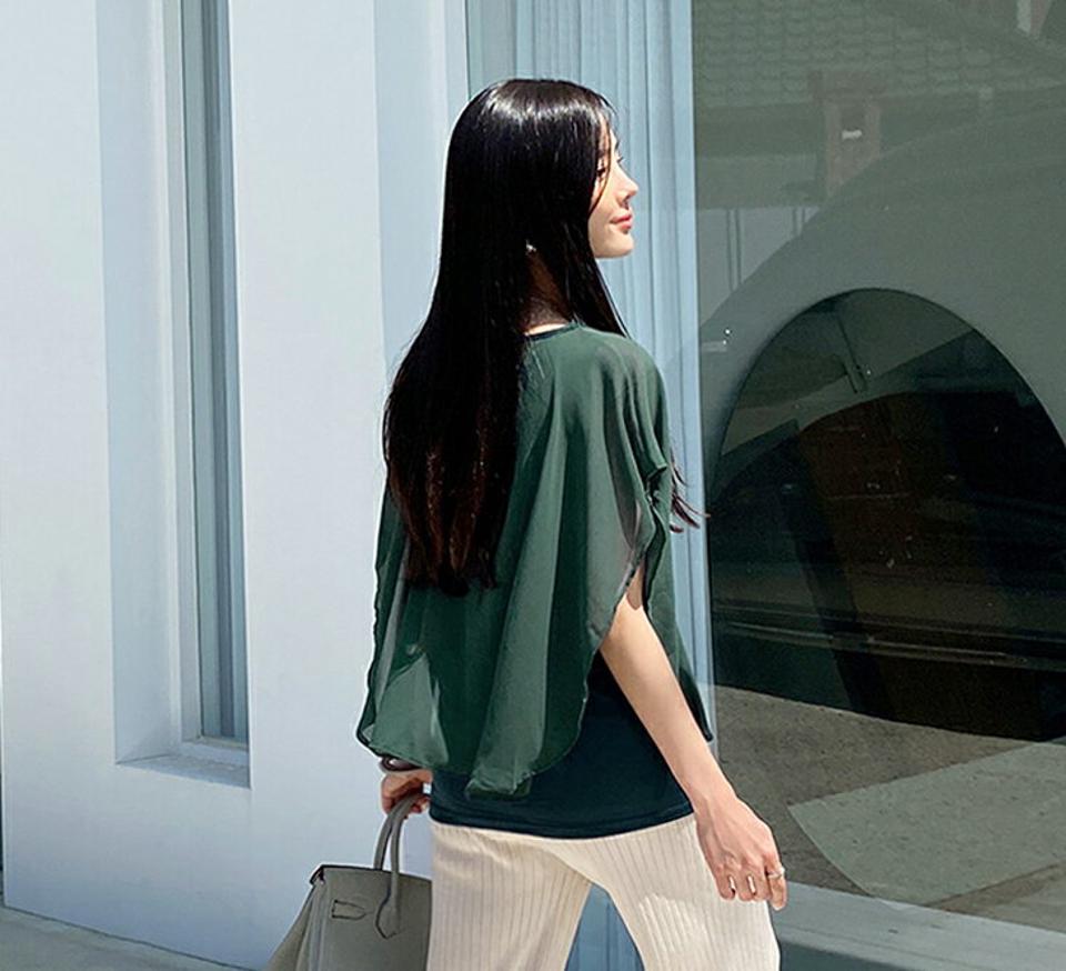 フレンチスリーブブラウス・全6色・t72336 レディース 【bl】ブラウス トップス 単色 無地 シンプル フレンチスリーブ 半袖 二の腕カバー Vネック 鎖骨 デコルテ 大人っぽ 体型カバー 異素材 春 夏 緑 きれいめ 韓国ファッション ハイホリHIHOLLI