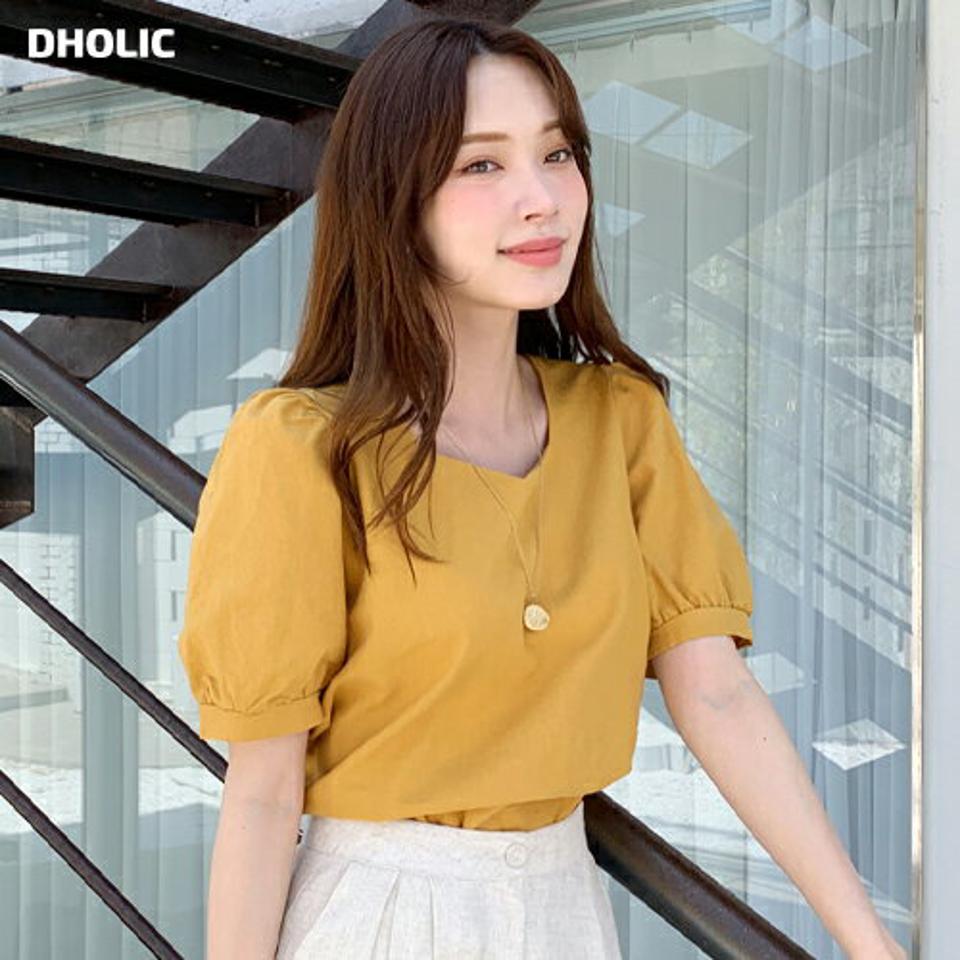 リネン混ダイヤモンドネックパフブラウス・全6色・t72338 レディース 【bl】ブラウス トップス 半袖 単色 無地 シンプル ベーシック リネン デコルテ パフ 春 夏 黄色 フェミニン ガーリー 韓国ファッション ハイホリHIHOLLI