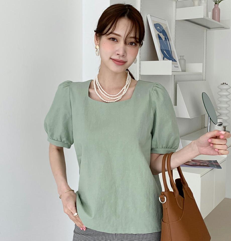 リネン混ダイヤモンドネックパフブラウス・全6色・t72338 レディース 【bl】ブラウス トップス 半袖 単色 無地 シンプル ベーシック リネン デコルテ パフ 春 夏 黄色 フェミニン ガーリー 韓国ファッション ハイホリHIHOLLI