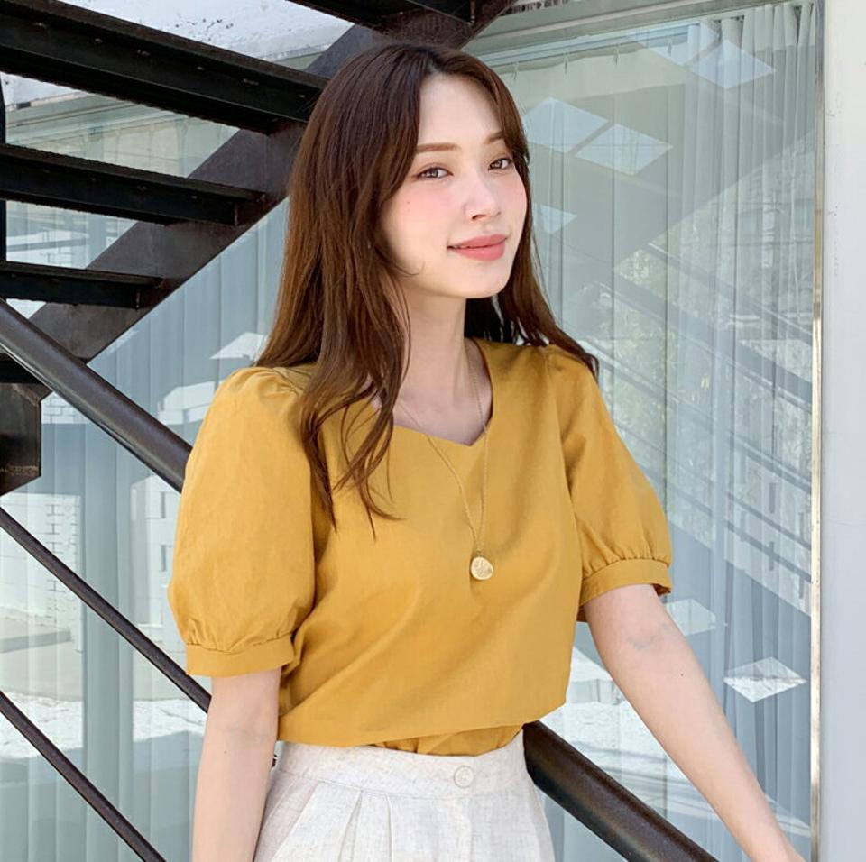 リネン混ダイヤモンドネックパフブラウス・全6色・t72338 レディース 【bl】ブラウス トップス 半袖 単色 無地 シンプル ベーシック リネン デコルテ パフ 春 夏 黄色 フェミニン ガーリー 韓国ファッション ハイホリHIHOLLI