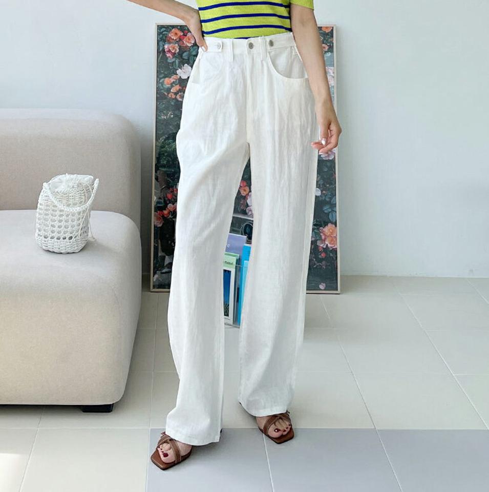 リネンボタンワイドパンツ・全4色・t67142 レディース 【pt】パンツ ズボン ロングパンツ 長ズボン 単色 無地 シンプル ベーシック カジュアル ラフ リネン ストレート ベルトループ ハイウエスト カラーパンツ 緑 春 夏 韓国ファッション