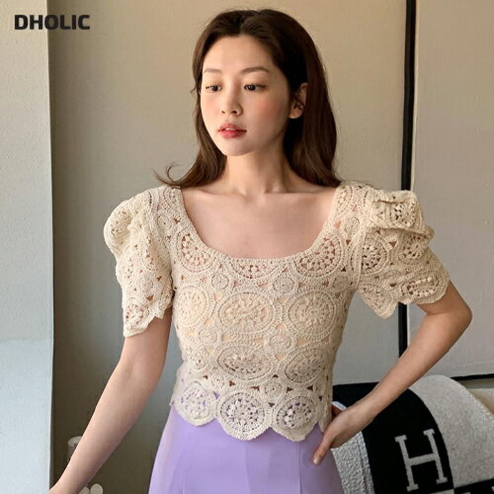【10%OFF】パフクロシェニット・全2色・b67151 レディース 【tops】トップス ニット 半袖 クロシェ編み パフ袖 パフスリーブ フェミニン かわいい 可愛い 花柄 スクエアネック スカラップ 春 夏 韓国ファッション セール SALE