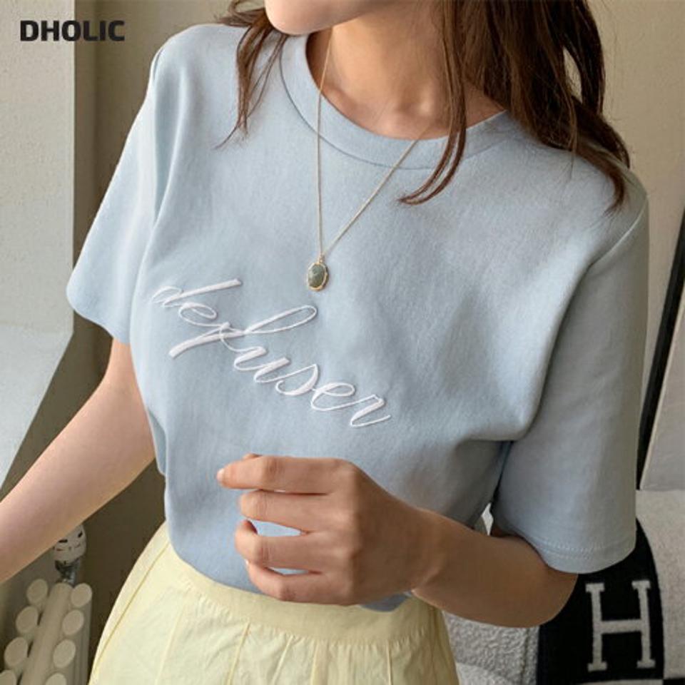 レタリングラウンドTシャツ・全4色・t67121 レディース 【tops】トップス Tシャツ 半袖 ハーフスリーブ ロゴ ロゴT レタリング ラウンドネック カジュアル ラフ テンセル 水色 春 夏 韓国ファッション