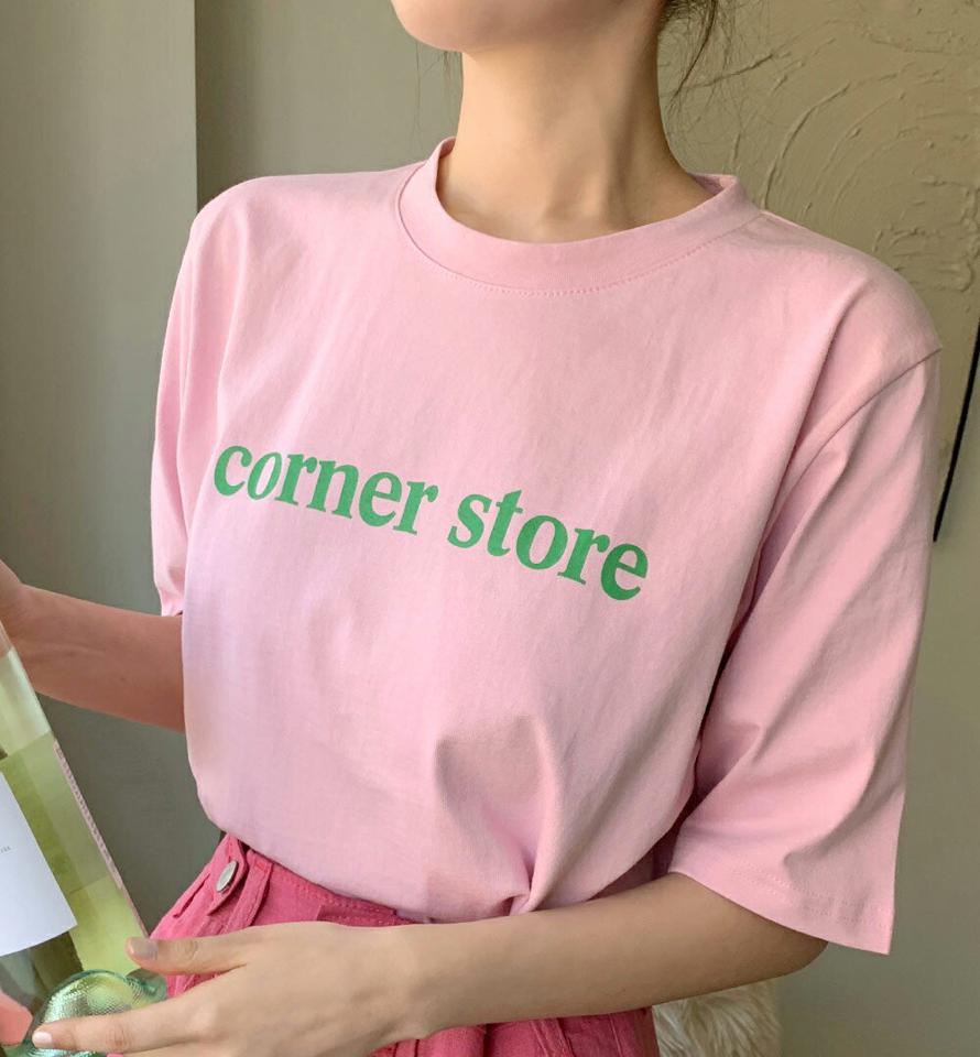 corner storeレタリング半袖Tシャツ・全4色・b67122 レディース 【tops】トップス Tシャツ 半袖 ハーフスリーブ ロゴT ロゴ レタリング カジュアル シンプル ラフ ピンク パステル ラウンドネック 韓スト 春 夏 韓国ファッション