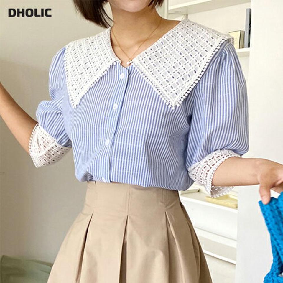 3TYPEレースビッグカラーパターンブラウス・全3色・b66707 レディース 【bl】トップス ブラウス 半袖 ハーフスリーブ 半端丈 襟コン 大きい襟 ストライプ レース 単色 無地 ギンガムチェック チェック柄 水色 ガーリー かわいい 春 夏 韓国ファッション