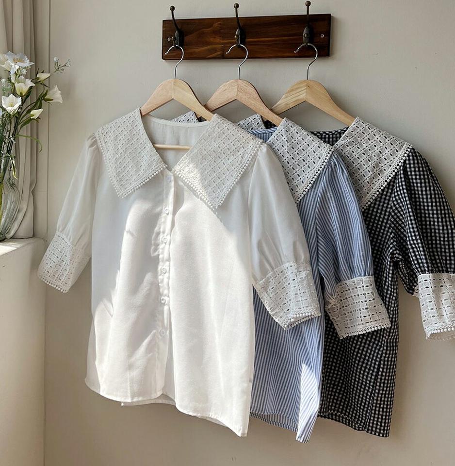 3TYPEレースビッグカラーパターンブラウス・全3色・b66707 レディース 【bl】トップス ブラウス 半袖 ハーフスリーブ 半端丈 襟コン 大きい襟 ストライプ レース 単色 無地 ギンガムチェック チェック柄 水色 ガーリー かわいい 春 夏 韓国ファッション