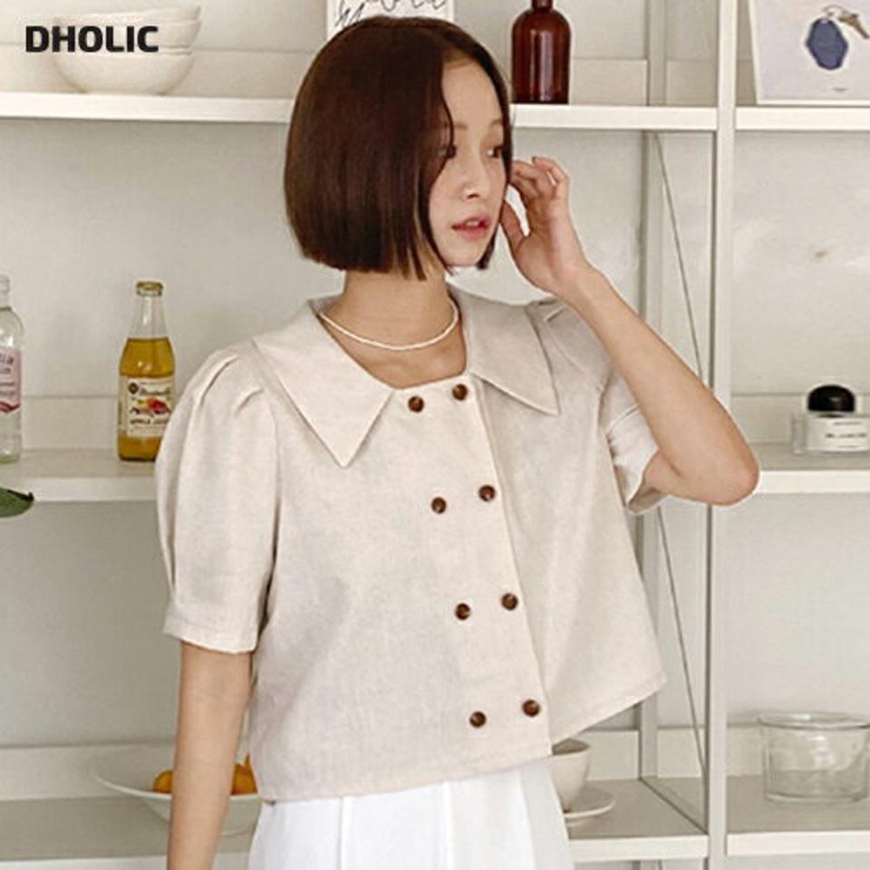 リネン混ダブルボタンブラウス・全3色・t66718 レディース 【bl】トップス ブラウス 半袖 ハーフスリーブ ボタン リネン 単色 無地 シンプル クロップド丈 パフ袖 パフスリーブ タック リネン ナチュラル 襟コン 春 夏 韓国ファッション
