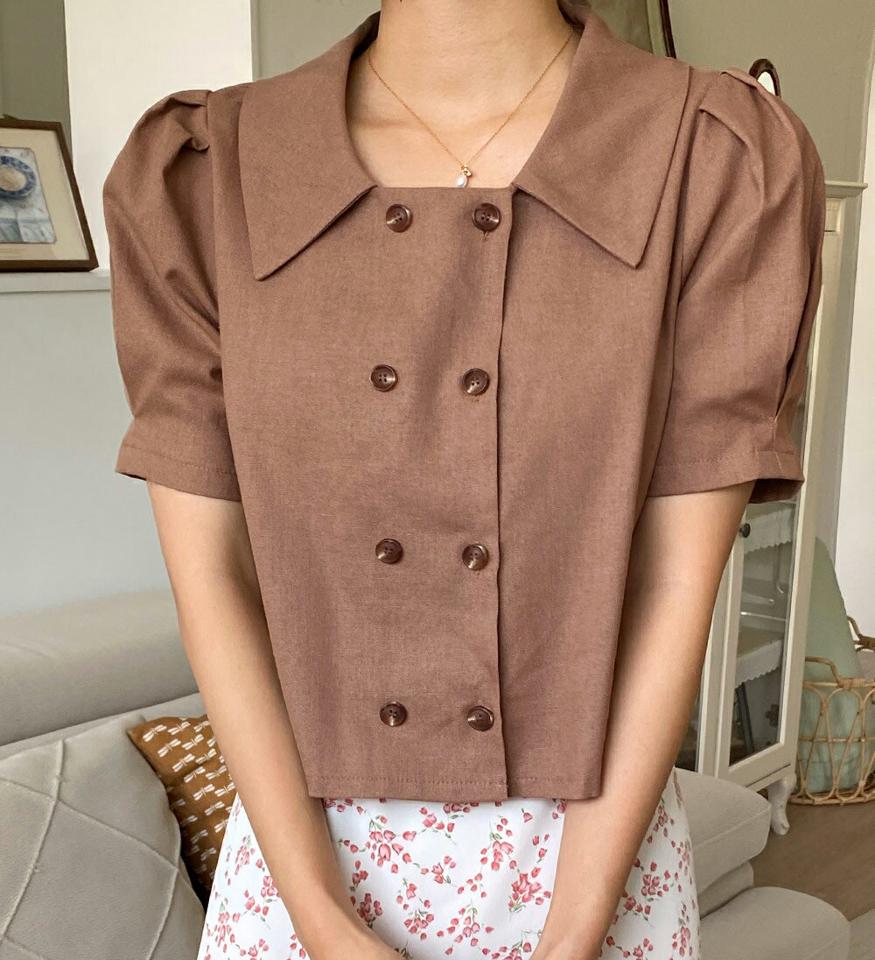 リネン混ダブルボタンブラウス・全3色・t66718 レディース 【bl】トップス ブラウス 半袖 ハーフスリーブ ボタン リネン 単色 無地 シンプル クロップド丈 パフ袖 パフスリーブ タック リネン ナチュラル 襟コン 春 夏 韓国ファッション