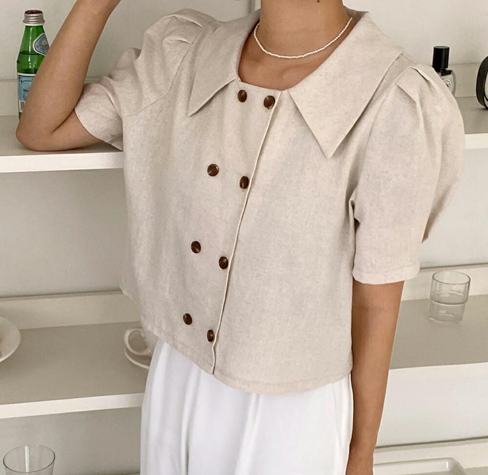 リネン混ダブルボタンブラウス・全3色・t66718 レディース 【bl】トップス ブラウス 半袖 ハーフスリーブ ボタン リネン 単色 無地 シンプル クロップド丈 パフ袖 パフスリーブ タック リネン ナチュラル 襟コン 春 夏 韓国ファッション
