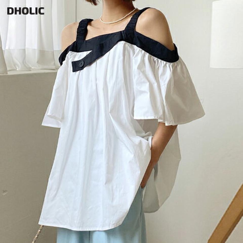 配色オフショルフレアブラウス・全2色・t66709 レディース 【bl】トップス ブラウス 半袖 ハーフスリーブ 肩出し オフショルダー オープンショルダー フレア 体型カバー ゆったり バイカラー ゴム かわいい 可愛い お腹カバー 春 夏 韓国ファッション