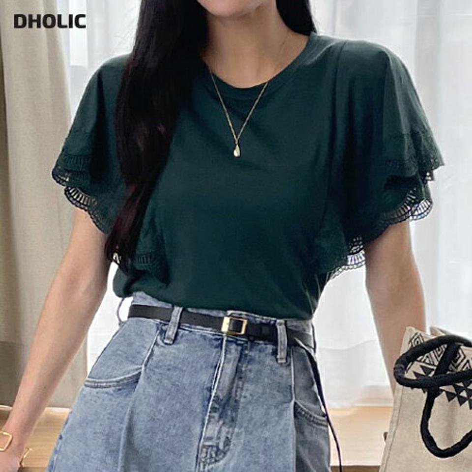 【10%OFF】レースラッフルTシャツ・全4色・b00586 レディース 【tops】Tシャツ 半袖 二の腕カバー 単色 異素材 レース ラッフル ゆったり 楽ちん 体型カバー 春 夏 カジュアル フェミニン 大人っぽ きれいめ オーバー 深緑 韓国ファッション ハイホリHIHOLLI セール SALE
