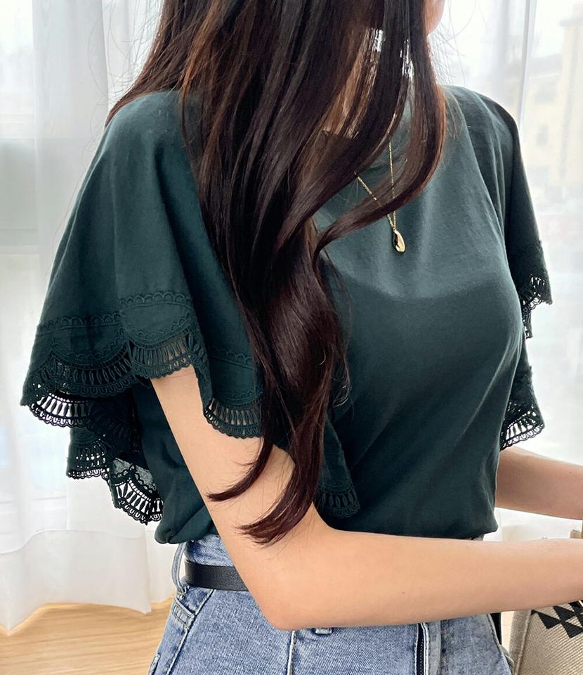 【10%OFF】レースラッフルTシャツ・全4色・b00586 レディース 【tops】Tシャツ 半袖 二の腕カバー 単色 異素材 レース ラッフル ゆったり 楽ちん 体型カバー 春 夏 カジュアル フェミニン 大人っぽ きれいめ オーバー 深緑 韓国ファッション ハイホリHIHOLLI セール SALE