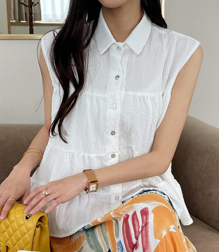 リンクルティアードノースリーブ・全3色・t00626 レディース 【tops】トップス ノースリーブ スリーブレス 単色 無地 シンプル ベーシック ボタン 襟 リンクル ティアード 春 夏 フェミニン カジュアル お腹カバー 韓国ファッション ハイホリHIHOLLI