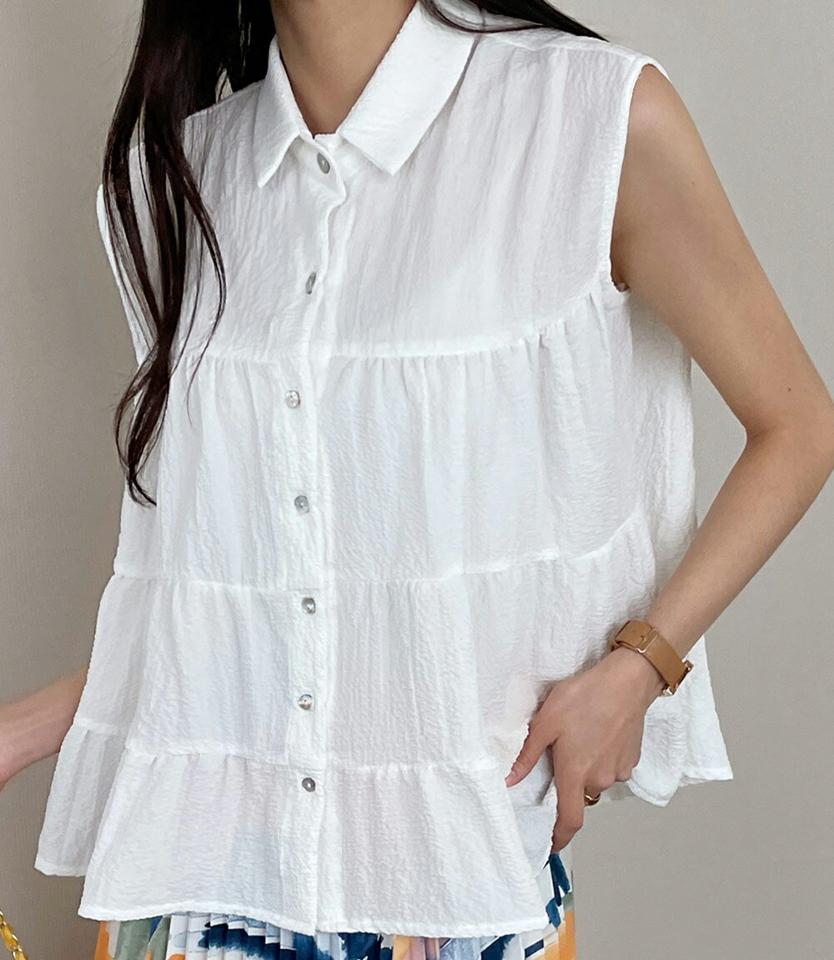 リンクルティアードノースリーブ・全3色・t00626 レディース 【tops】トップス ノースリーブ スリーブレス 単色 無地 シンプル ベーシック ボタン 襟 リンクル ティアード 春 夏 フェミニン カジュアル お腹カバー 韓国ファッション ハイホリHIHOLLI