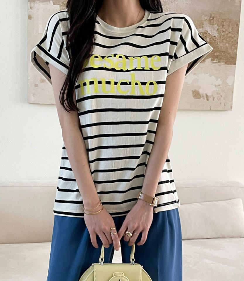 ボーダーレタリングフレンチスリーブTシャツ・全2色・b00614 レディース 【tops】トップス 半袖 Tシャツ レタリング ロゴ ロゴT ラフ 楽ちん 柄 模様 ボーダー 春 夏 カジュアル 韓国ファッション ハイホリHIHOLLI