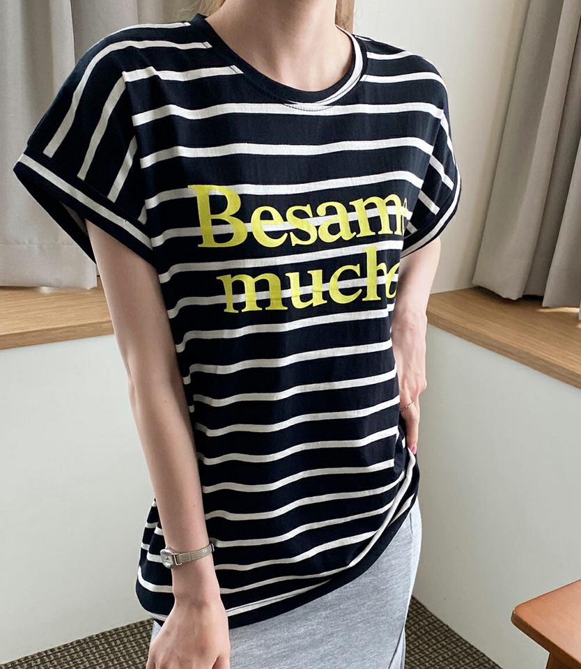 ボーダーレタリングフレンチスリーブTシャツ・全2色・b00614 レディース 【tops】トップス 半袖 Tシャツ レタリング ロゴ ロゴT ラフ 楽ちん 柄 模様 ボーダー 春 夏 カジュアル 韓国ファッション ハイホリHIHOLLI