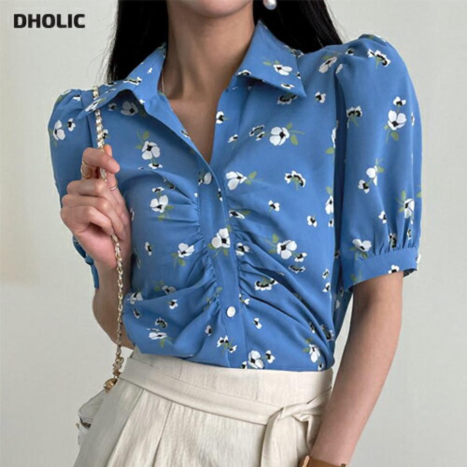 2TYPEシャーリングブラウス・全5色・b00592 レディース 【bl】ブラウス トップス 半袖 ボタン 襟 シャツ Vネック 鎖骨 デコルテ 柄 模様 花柄 無地 シンプル レトロ パフ ロング丈 青 春 夏 フェミニン きれいめ 韓国ファッション ハイホリHIHOLLI