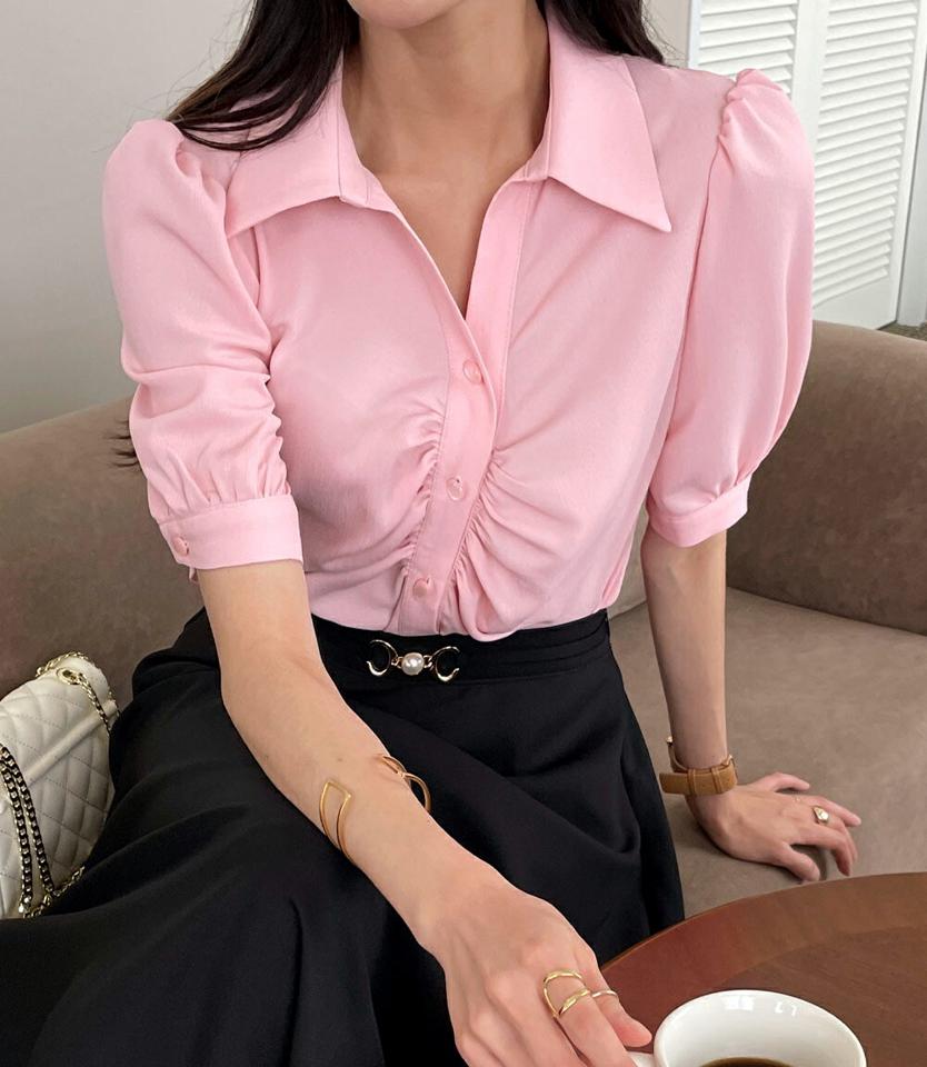 2TYPEシャーリングブラウス・全5色・b00592 レディース 【bl】ブラウス トップス 半袖 ボタン 襟 シャツ Vネック 鎖骨 デコルテ 柄 模様 花柄 無地 シンプル レトロ パフ ロング丈 青 春 夏 フェミニン きれいめ 韓国ファッション ハイホリHIHOLLI