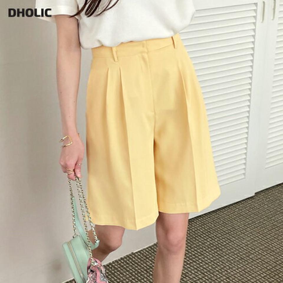 ツータックワイドハーフスラックス・全4色・b00610 レディース 【pt】パンツ スラックス ショート丈 ショーパン ズボン パステル 単色 無地 シンプル ベーシック ワイド ハーフ丈 カラーパンツ 春 夏 カジュアル 黄色 韓国ファッション ハイホリHIHOLLI