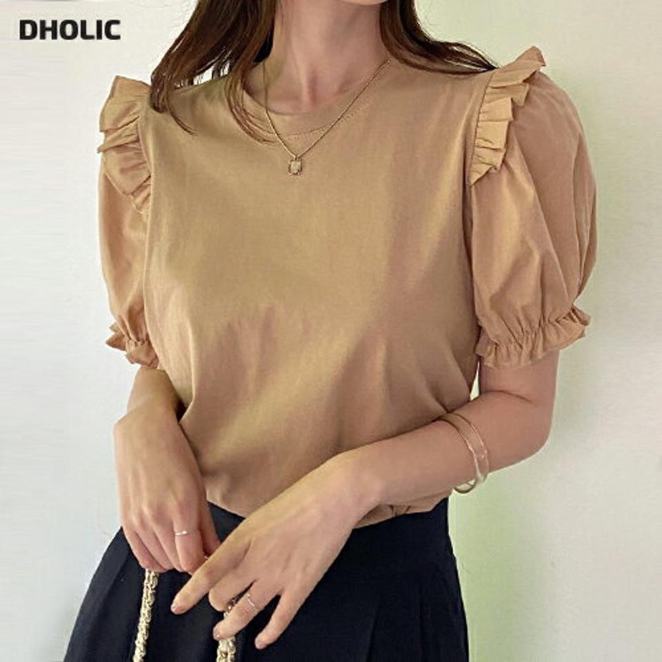 フリルパフTシャツ・全6色・b67509 レディース 【tops】トップス Tシャツ 半袖 ハーフスリーブ パフ袖 パフスリーブ フリル 袖コン 単色 無地 フェミニン ガーリー 大人 ラウンドネック 春 夏 韓国ファッション