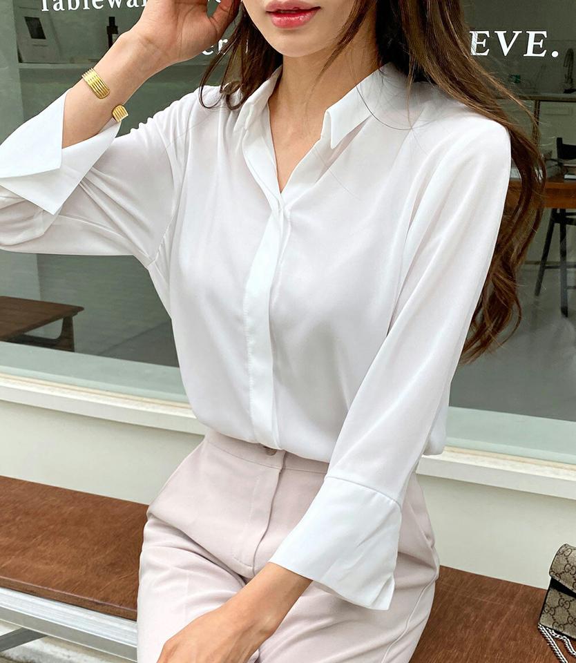 7分袖シフォンシャツ・全3色・b67517 レディース 【bl】トップス シャツ 七分袖 七分丈 7分丈 シフォン シアー フェミニン カフス 単色 無地 シンプル きれいめ 開襟 大人 オフィスカジュアル 会社 春 夏 秋 韓国ファッション