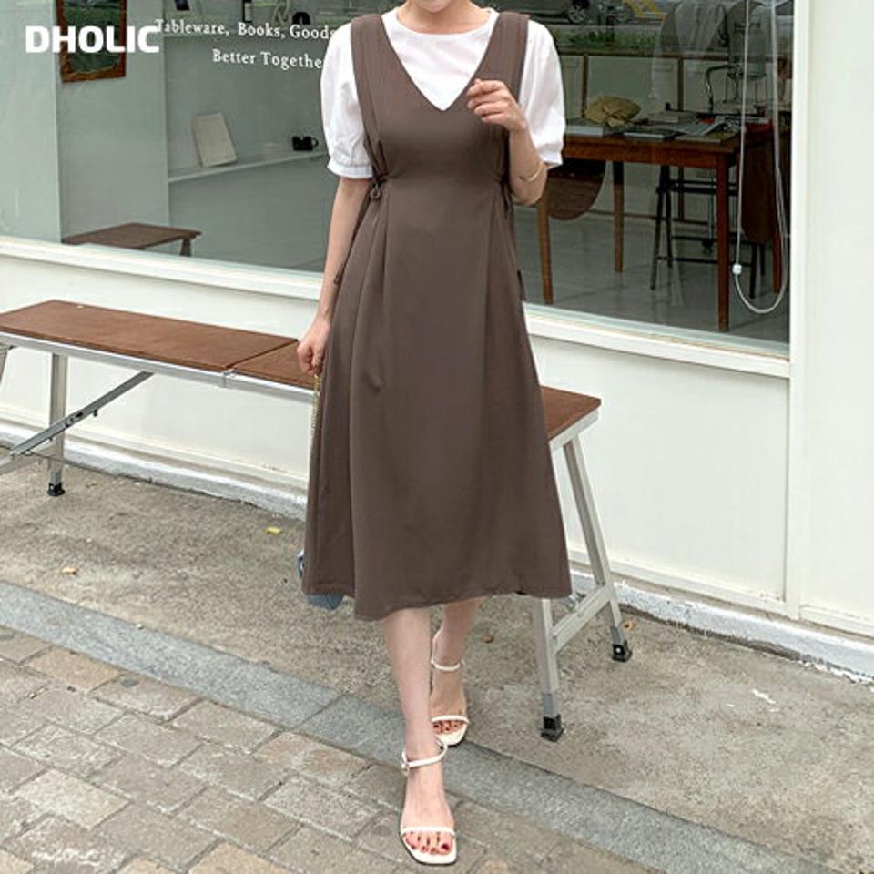 【10%OFF】パフブラウス&リボンノースリワンピースSET・全3色・b67523 レディース 【ops】セット ワンピ−ス ロング丈 ロングワンピース スリーブレス ノースリーブ トップス ブラウス 半袖 単色 無地 シンプル set レイヤード 春 夏 韓国ファッション opsセール
